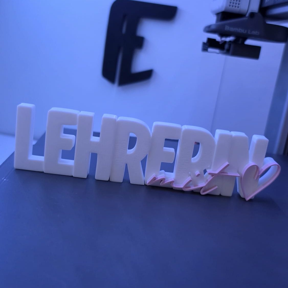 Weißer Schriftzug "LEHRERIN" mit einem Herz in pinker Farbe.